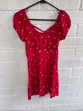 Forever 21 Red Short Puff-Sleeve Floral Embroidered Cut Out Dress sz S